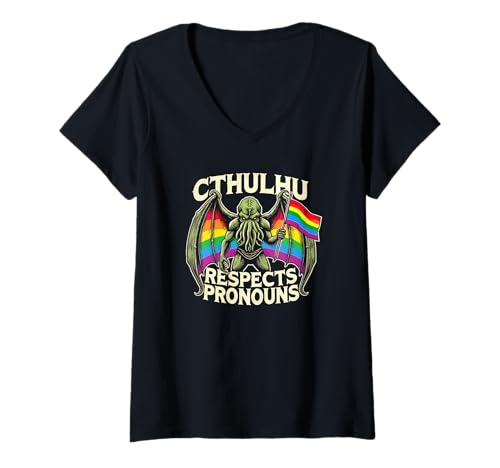 Damen Cthulhu Respects Pronomen, Gay Pride Month Cthulhu T-Shirt mit V-Ausschnitt von Cthulhu Idol Miskatonic Horror Shop