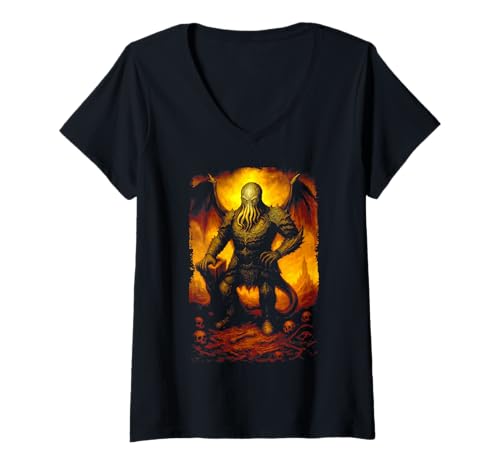 Damen Cthulhu der Rlyehian, Lovecraftian Dark Fantasy Art Painting T-Shirt mit V-Ausschnitt Damen Cthulhu der Rlyehian, Lovecraftian Dark Fantasy Art Painting T-Shirt mit V-Ausschnitt von Cthulhu Idol Miskatonic Horror Shop