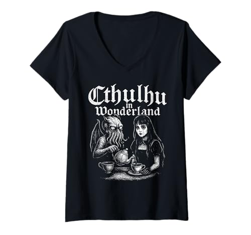 Damen Cthulhu im Wunderland, lustiges Lovecraftian Cthulhu Goth Girl T-Shirt mit V-Ausschnitt Damen Cthulhu im Wunderland, lustiges Lovecraftian Cthulhu Goth Girl T-Shirt mit V-Ausschnitt von Cthulhu Idol Miskatonic Horror Shop