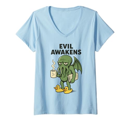 Damen Das Böse erwacht, Lovecraftian Cthulhu Coffee Morning Grouch T-Shirt mit V-Ausschnitt Damen Das Böse erwacht, Lovecraftian Cthulhu Coffee Morning Grouch T-Shirt mit V-Ausschnitt von Cthulhu Idol Miskatonic Horror Shop