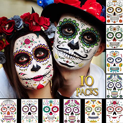 Ctxtqtdt 10 Blätter Gesichtstattoo Halloween, Zuckerschädels Rote Rosen Face Tattoo Halloween, Temporäre Tattoos Halloween, Tag der Toten Tattoos für Halloween Maskerade Party (Skelett) von Ctxtqtdt
