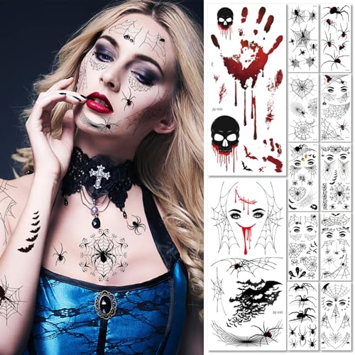 Ctxtqtdt 12 Blatt Spinnen Tattoo Halloween, Gesichtstattoo Halloween, Spinnen Fledermaus Tattoo Gesicht, Temporäre Tattoos Halloween für Frauen Männer Halloween Make-up Requisite (Spinne) von Ctxtqtdt
