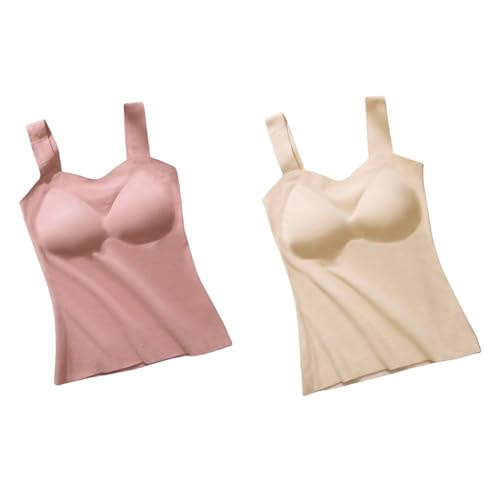 CuLtP 2 Stück Gebürstetes Mikrofleece Camisole, Ärmellose Weste, Unterhemd, Cami Top, Damen Thermo Tanktop, Thermo Unterwäsche Mit Integriertem BH, Warmes Winter Top Für Damen, Aprikose Und Ros von CuLtP