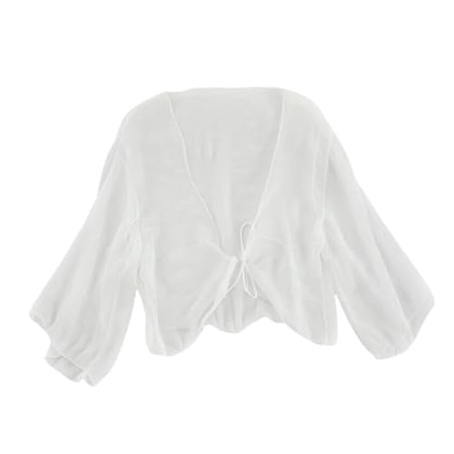 CuLtP Bolero Damen Damen Chiffon Achselzucken Sommer Leichter Bolero Cardigan Mit Schnürung Vorne Elegante Abendjacken Hochzeits Bolero Kleider Cover Ups Weiß L von CuLtP