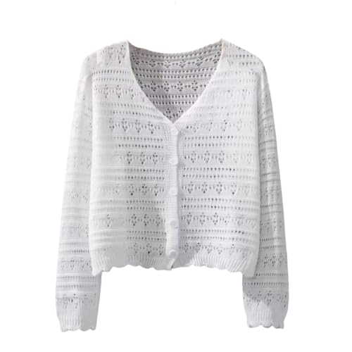 CuLtP Bolero Damen Festlich Damen Häkel Boleros Mit Hohlsaum V Ausschnitt Strickjacke Mit Knopfleiste Oberteile Sommer Kurz Eisseide Langärmelige Strickjacke Leichte Abendjacke Überwurf Mantel Wei von CuLtP
