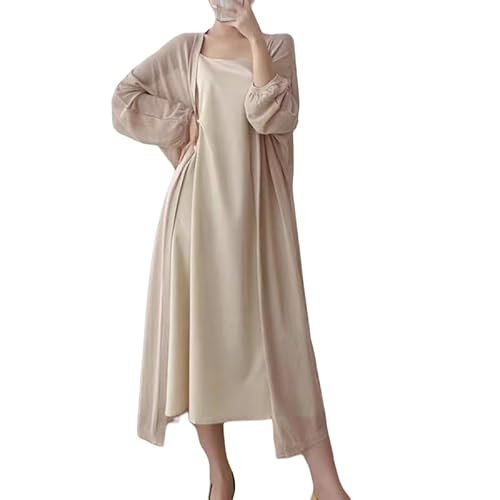 CuLtP Bolero Damen Lange Bolero Jacke Für Damen Sommer Leicht Eisseide Durchscheinend Strickjacke Vorne Offen Lässige Robe Bluse Abendkleider Cape Vertuschungen Beige M von CuLtP