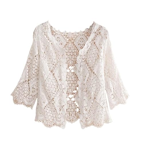 CuLtP Bolero Jacke Boleros Für Damen Zucken Mit Den Schultern. Boho Häkel Mesh Spitze Strickjacke Ethnisch Hohl Gestrickt Strand Cover Up Lässig Sommer Vorne Offen Kurze Strickjacken Weiß M von CuLtP