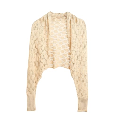 CuLtP Bolero Jacke Damen Bolero Cardigan Mit Langen Ärmeln Achselzucken Oberteile Sommer Häkel Mesh Jacke Schal Aus Eisseide Cover Ups Damen Abendkleid Hochzeit Cape Mantel Beige L von CuLtP