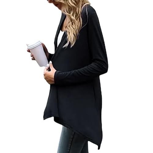 CuLtP Bolero Jacke Damen Sommer Leichte Jacke Bolero Langarm Wasserfall Strickjacke Offene Vorderseite Lässige Kurze Duster Strickjacke Büro Schal Überwurf Mantel Schwarz L von CuLtP