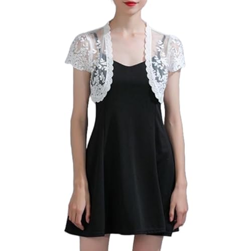 CuLtP Cardigan Damen Damen Spitzen Bolero Sommer Mini Hochzeits Bolero Abendjacken Vorne Offen Kurzärmelig Stickerei Transparente Strickjacke Kleider Schalmantel Weiß L von CuLtP