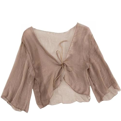 CuLtP Cardigan Damen elegant Chiffon Achselzucken Für Damen Sommer Leichter Bolero Durchsichtiger Cardigan Vorne Mit Schnürung Elegante Abendjacken Hochzeits Bolero Kleider Cover Ups Braun XXS von CuLtP