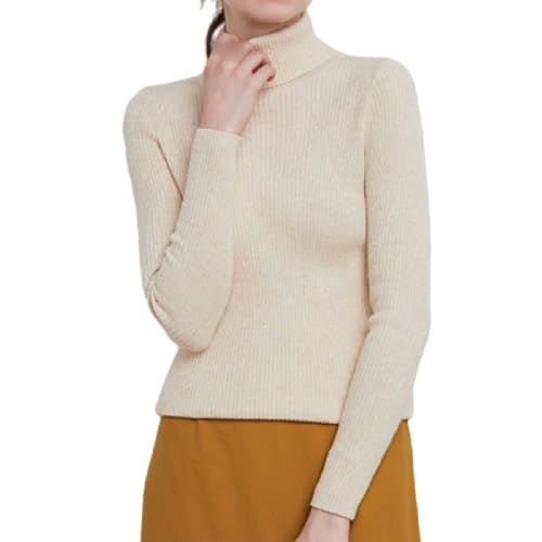CuLtP Damen Slim Fit Leicht Langarm Rollkragenpullover, Gerippter Strickpullover, Pullover, Tops, Pullover, Damen Langarm Strickpullover, Warm, Beige, M von CuLtP