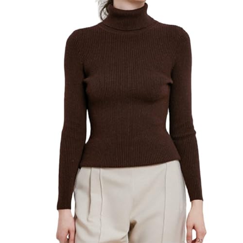 CuLtP Damen Slim Fit Leicht Langarm Rollkragenpullover, Gerippter Strickpullover, Pullover, Tops, Pullover, Damen Langarm Strickpullover, Warm, Braun, Xs von CuLtP