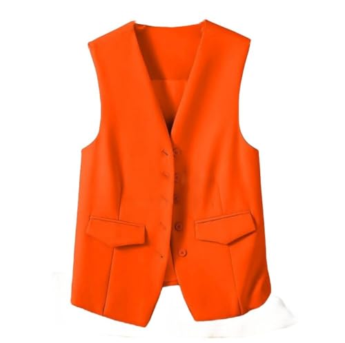 CuLtP Damen Weste, Ärmelloser Blazer, Elegante, Schmale Button Down Weste Für Arbeit Und Büro, Retro Party Weste, V Ausschnitt, Economy Anzugweste, Orange, M von CuLtP