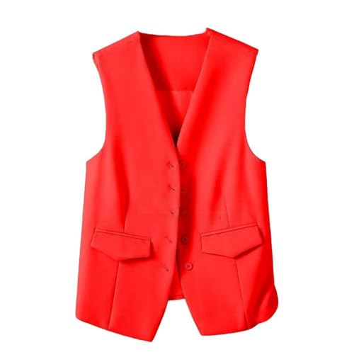 CuLtP Damen Weste, Ärmelloser Blazer, Eleganter, Schmaler Button Down Westenmantel Für Arbeit Und Büro, Retro Partyweste, V Ausschnitt, Economy Anzugweste, Rot, L von CuLtP