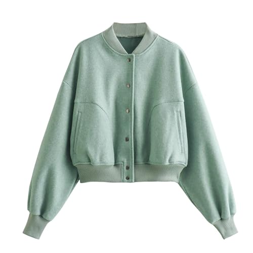 CuLtP Kurz Geschnittene Bomberjacke Für Damen, Damen Unijacke, Button Down Bombermantel Mit Taschen, Lässiger Windjacke Mit Stehkragen, Klassische Oberbekleidung, Y2K Streetwear, Grün, S von CuLtP