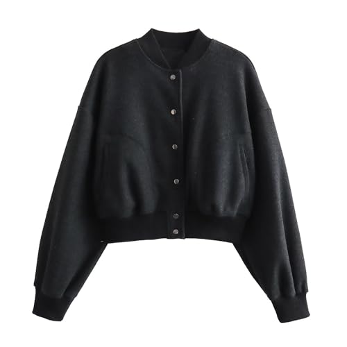 CuLtP Kurz Geschnittene Bomberjacke Für Damen, Damen Unijacke, Button Down Bombermantel Mit Taschen, Lässiger Windjacke Mit Stehkragen, Klassische Oberbekleidung, Y2K Streetwear, Schwarz, L von CuLtP