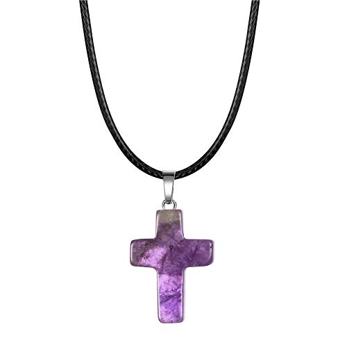 CuLtP Natürliche Amethyst-Kristall-Halskette,Edelsteinkreuz mit Schwarzem Lederband,Anhänger,Reiki-Heilkristall-Halskette,Chakra-Schmuck,Geschenk für Frauen und Männer von CuLtP