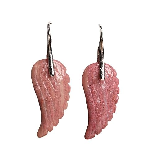 Ohrringe Hängend,Rhodonit-Tropfenohrringe Mit Geschnitztem Engelsflügel-Anhänger, Baumelnde Hakenohrringe, Edelsteinohrringe, Heilkristall, Gleichgewicht, Amulett, Schmuck, Geschenk Für Mädchen von CuLtP