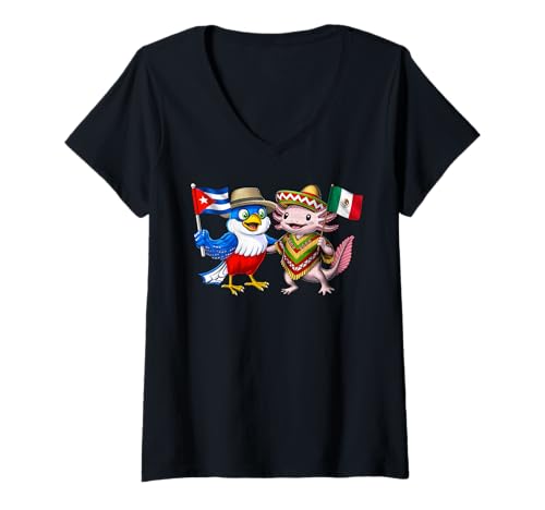 Damen Kuba Mexiko Flagge Stolzes kubanisches Erbe Mexikanische T-Shirt mit V-Ausschnitt Damen Kuba Mexiko Flagge Stolzes kubanisches Erbe Mexikanische T-Shirt mit V-Ausschnitt von Cuba Flag Cuban Heritage