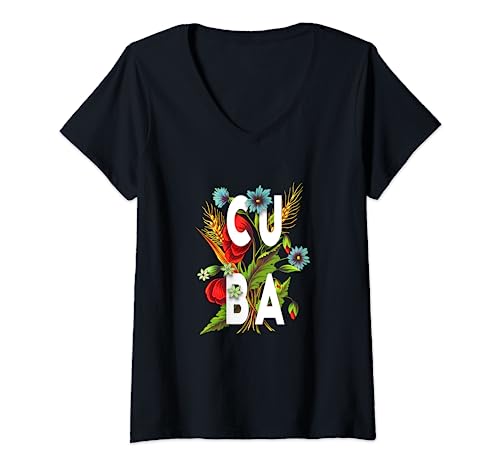 Damen Cuba Flores Kubanische Blumen Cubana Floral T-Shirt mit V-Ausschnitt Damen Cuba Flores Kubanische Blumen Cubana Floral T-Shirt mit V-Ausschnitt von Cuba Flores Cuban Flowers Cubana Floral