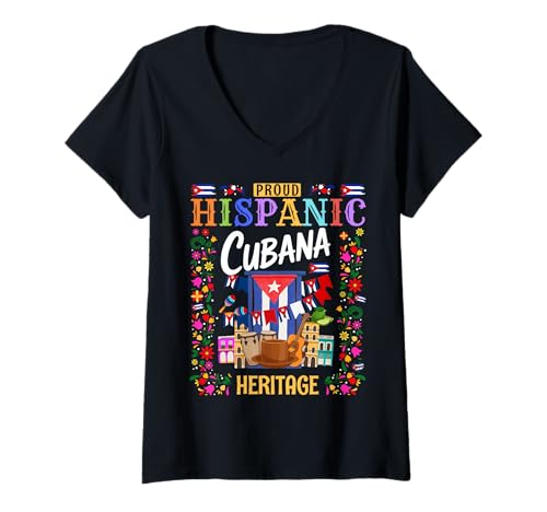 Damen Cuba Flag Outfit Ideen für Frauen & Herencia Hispana Cubana T-Shirt mit V-Ausschnitt von Cuba Hispanic Heritage Month Outfit Idea For Girls