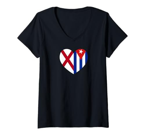 Damen Alabama and Cuba Flags: Heart Shaped Unity T-Shirt mit V-Ausschnitt von Cuba Love Pride Merch