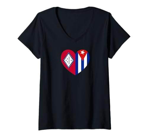 Damen Arkansas and Cuba Flags: Heart Shaped Unity T-Shirt mit V-Ausschnitt von Cuba Love Pride Merch