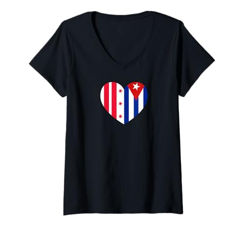 Damen Columbia and Cuba Flags: Heart Shaped Unity T-Shirt mit V-Ausschnitt von Cuba Love Pride Merch