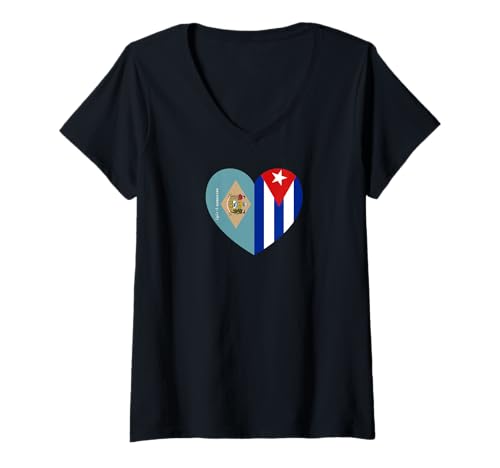 Damen Delaware and Cuba Flags: Heart Shaped Unity T-Shirt mit V-Ausschnitt von Cuba Love Pride Merch