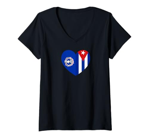 Damen Mariana Islands and Cuba Flags: Heart Shaped Unity T-Shirt mit V-Ausschnitt von Cuba Love Pride Merch