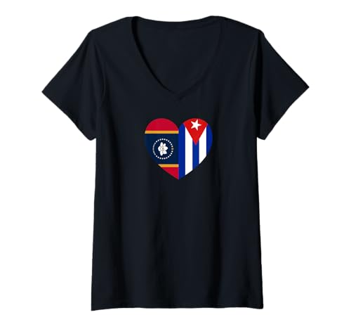 Damen Mississippi and Cuba Flags: Heart Shaped Unity T-Shirt mit V-Ausschnitt von Cuba Love Pride Merch