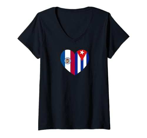 Damen Missouri and Cuba Flags: Heart Shaped Unity T-Shirt mit V-Ausschnitt von Cuba Love Pride Merch