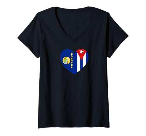 Damen Montana and Cuba Flags: Heart Shaped Unity T-Shirt mit V-Ausschnitt von Cuba Love Pride Merch