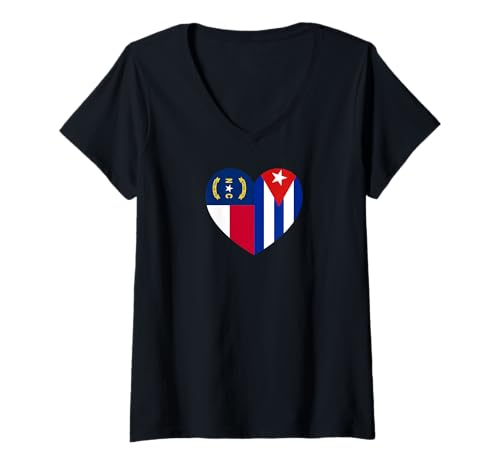 Damen N. Carolina and Cuba Flags: Heart Shaped Unity T-Shirt mit V-Ausschnitt von Cuba Love Pride Merch
