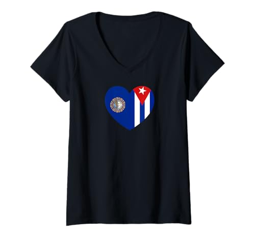 Damen New Hampshire and Cuba Flags: Heart Shaped Unity T-Shirt mit V-Ausschnitt von Cuba Love Pride Merch