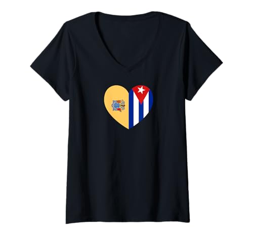 Damen New Jersey and Cuba Flags: Heart Shaped Unity T-Shirt mit V-Ausschnitt von Cuba Love Pride Merch