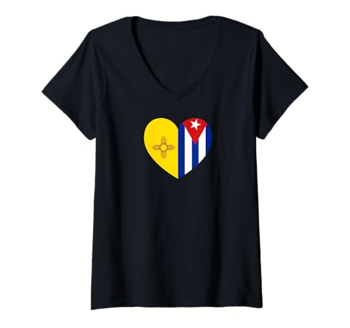 Damen New Mexico and Cuba Flags: Heart Shaped Unity T-Shirt mit V-Ausschnitt von Cuba Love Pride Merch