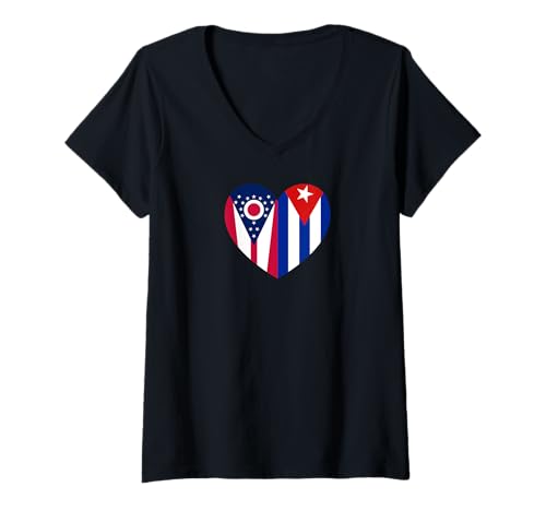 Damen Ohio and Cuba Flags: Heart Shaped Unity T-Shirt mit V-Ausschnitt von Cuba Love Pride Merch