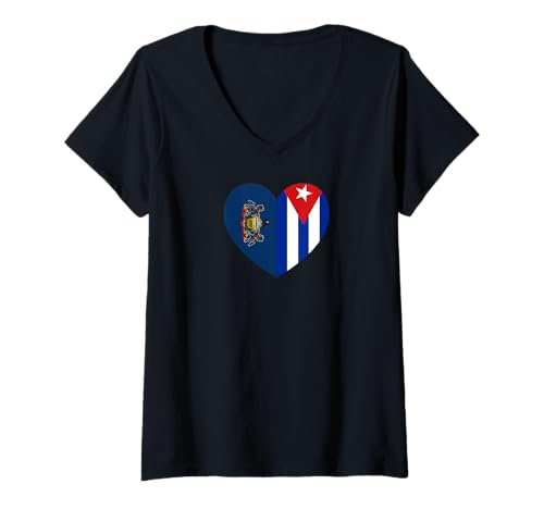Damen Pennsylvania and Cuba Flags: Heart Shaped Unity T-Shirt mit V-Ausschnitt von Cuba Love Pride Merch