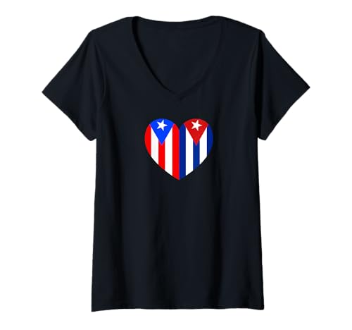 Damen Puerto Rico and Cuba Flags: Heart Shaped Unity T-Shirt mit V-Ausschnitt von Cuba Love Pride Merch