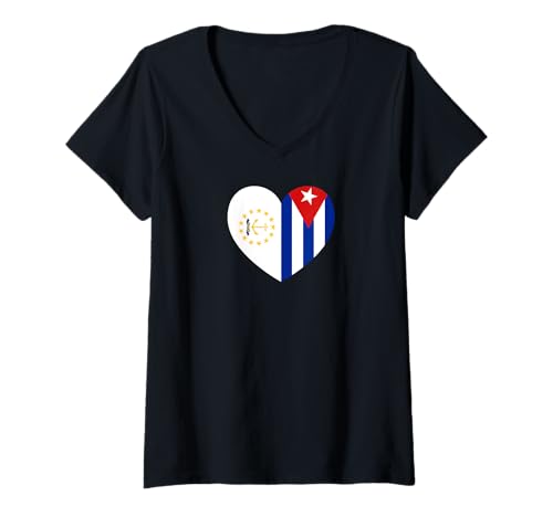 Damen Rhode Island and Cuba Flags: Heart Shaped Unity T-Shirt mit V-Ausschnitt von Cuba Love Pride Merch