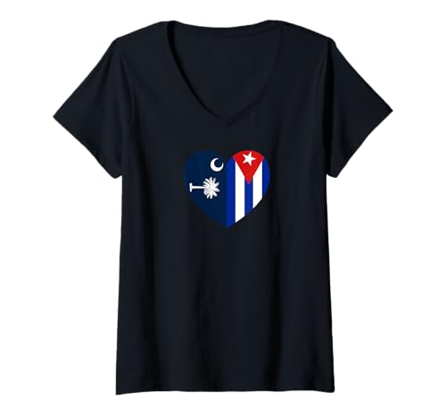 Damen South Carolina and Cuba Flags: Heart Shaped Unity T-Shirt mit V-Ausschnitt von Cuba Love Pride Merch