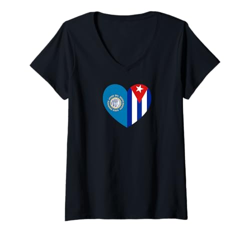 Damen South Dakota and Cuba Flags: Heart Shaped Unity T-Shirt mit V-Ausschnitt von Cuba Love Pride Merch