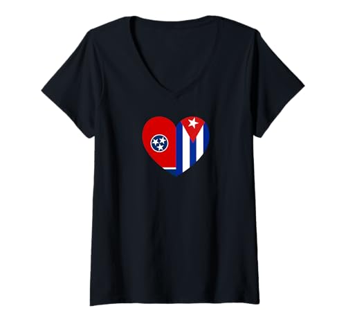 Damen Tennessee and Cuba Flags: Heart Shaped Unity T-Shirt mit V-Ausschnitt von Cuba Love Pride Merch