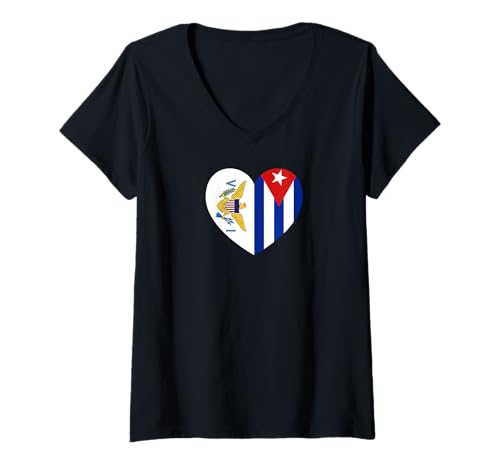 Damen Tropical U.S. Isles and Cuba Flags: Heart Shaped Unity T-Shirt mit V-Ausschnitt von Cuba Love Pride Merch