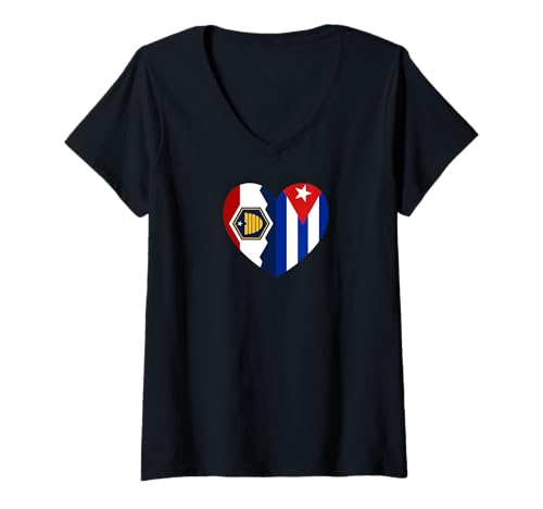 Damen Utah and Cuba Flags: Heart Shaped Unity T-Shirt mit V-Ausschnitt von Cuba Love Pride Merch