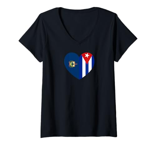 Damen Vermont and Cuba Flags: Heart Shaped Unity T-Shirt mit V-Ausschnitt von Cuba Love Pride Merch