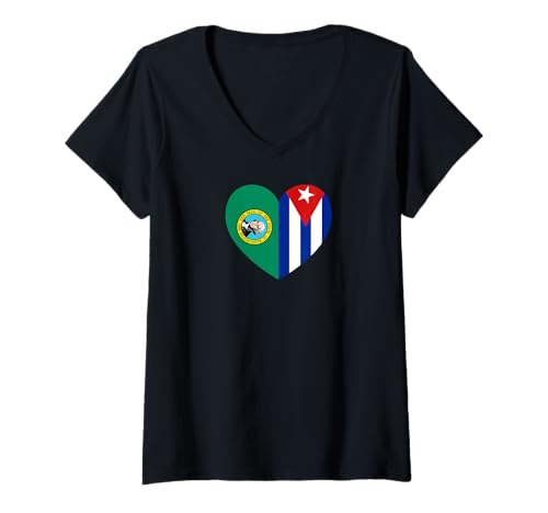 Damen Washington and Cuba Flags: Heart Shaped Unity T-Shirt mit V-Ausschnitt von Cuba Love Pride Merch