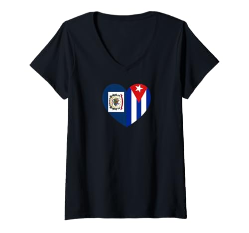 Damen West VA and Cuba Flags: Heart Shaped Unity T-Shirt mit V-Ausschnitt von Cuba Love Pride Merch